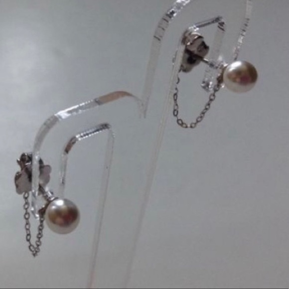 Nadri 💍Dainty Pearl Earrings Studs Silver Chain Bride Wedding Birthday Huggies - Picture 2 of 9